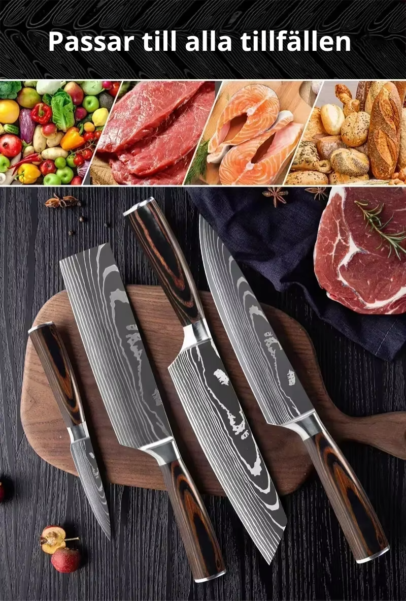 Knivset 6-pack – Premium köksknivar i rostfritt stål med Damascus-inspirerad design