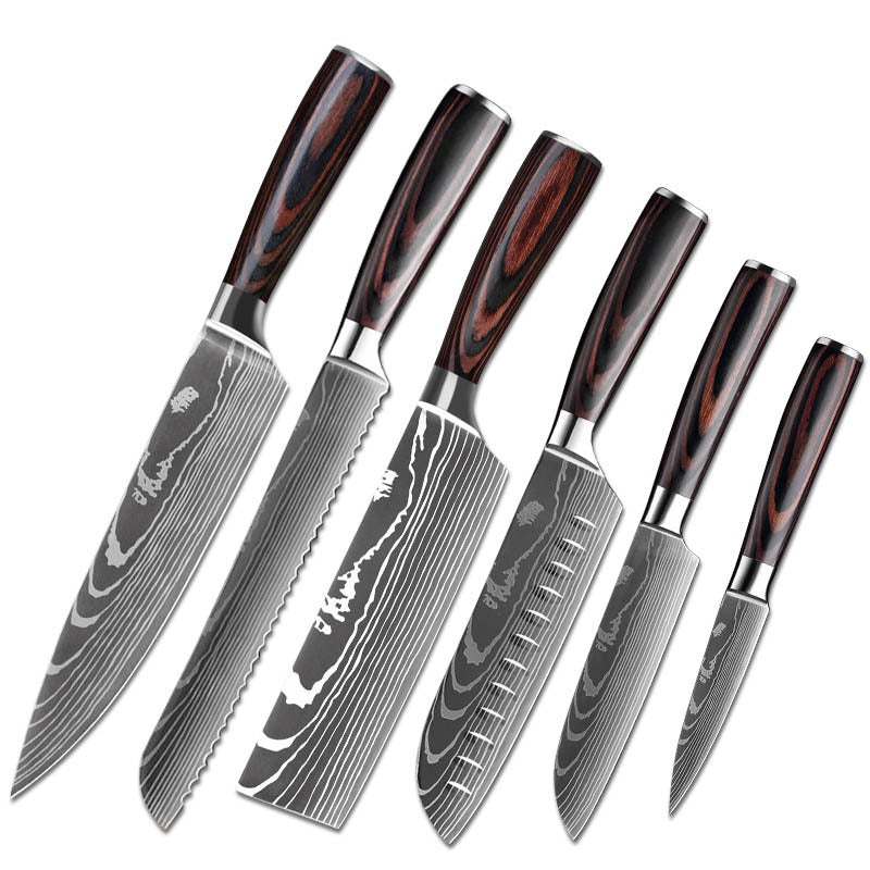 Knivset 6-pack – Premium köksknivar i rostfritt stål med Damascus-inspirerad design