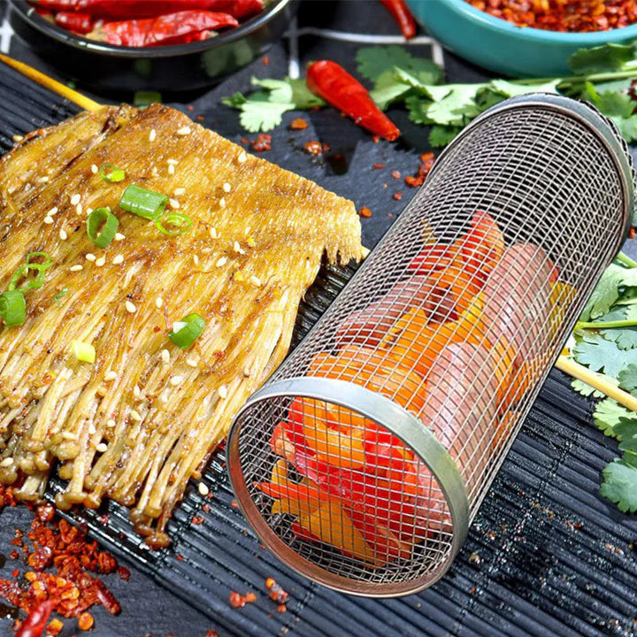 Roterande Grillkorg i Rostfritt Stål – Perfekt för Grönsaker, Kött & Tillbehör